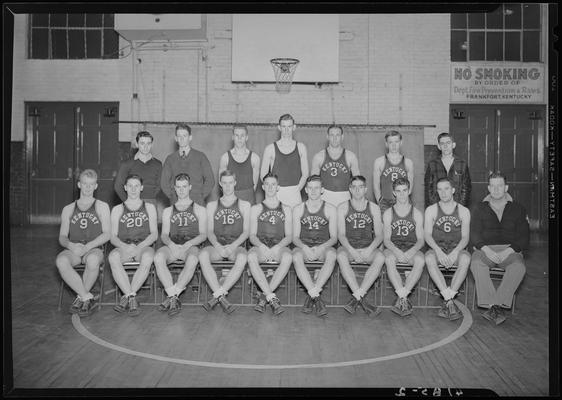 Freshman Squad, basketball (1939 Kentuckian) (University of Kentucky); basketball team group portrait on the basketball court inside the gymnasium