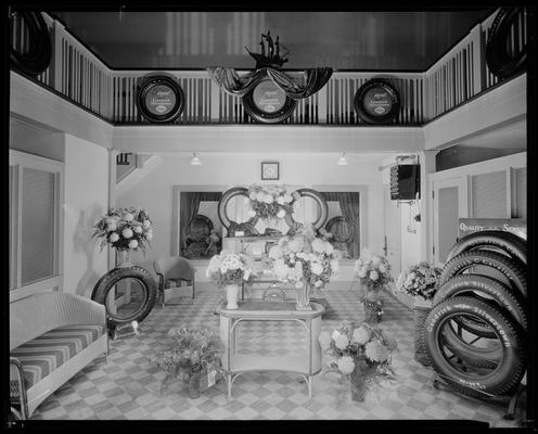 Goodrich Silvertown; banquet, room elaborately decorated with tires and flowers