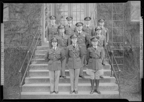 Military Officers (1939 Kentuckian) (University of Kentucky); group portrait, uniformed officers standing on the steps of an unknown building
