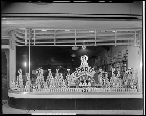 Glass Store, East Main & Walton; Pard Dog Food window display, photographed at night