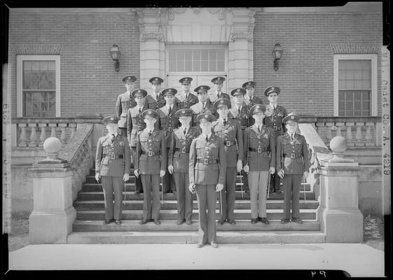 Military Cadet Company A (Co. A); (1939 Kentuckian) (University of Kentucky); group portrait, cadets standing on steps of unidentified building