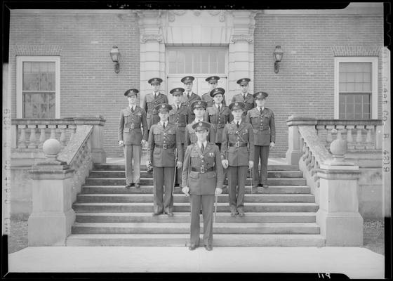 Military Cadet Company B (Co. B); (1939 Kentuckian) (University of Kentucky); group portrait, cadets standing on steps of unidentified building