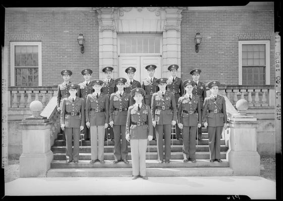Military Cadet Company C (Co. C); (1939 Kentuckian) (University of Kentucky); group portrait, cadets standing on steps of unidentified building