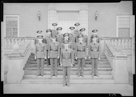 Military Cadet Company F (Co. F); (1939 Kentuckian) (University of Kentucky); group portrait, cadets standing on steps of unidentified building