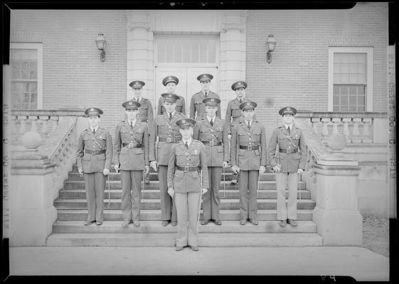 Military Cadet Company G (Co. G); (1939 Kentuckian) (University of Kentucky); group portrait, cadets standing on steps of unidentified building