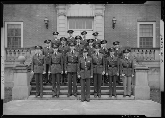 Military Cadet Company J (Co. J); (1939 Kentuckian) (University of Kentucky); group portrait, cadets standing on steps of unidentified building