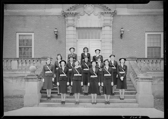 Military Women; (1939 Kentuckian) (University of Kentucky); group portrait, members standing on steps of unidentified building