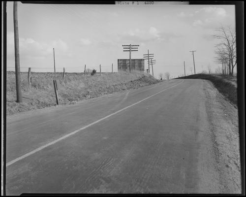 Stoll, Muir, Townsend & Park (attorneys, lawyers); post automobile accident photos requested by Gale Mohney; wreck on Richmond Road between Meyers (attorney George Ross) and Romanoff (attorney McCann); plate 1, view of Richmond Road showing skid mark