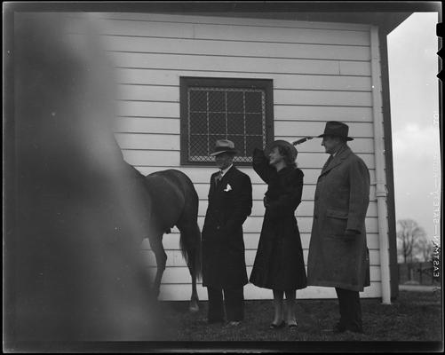 Will Harbut with Man O' War (Horse); Faraway Farm; unidentified people (possibly Jeanette McDonald) standing next to horse; photos ordered by Mr. Wilder and charged to the Lexington Board of Commerce