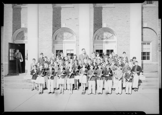 Henry Clay High School, 701 East Main; band and orchestra members standing in front of building for a group portrait