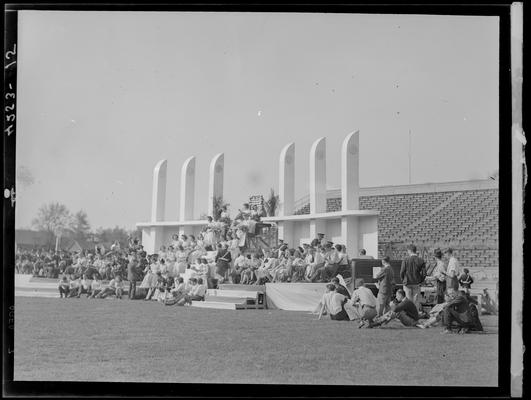 May Day Parade & Festivities (1939 Kentuckian) (University of Kentucky); stadium field, May Day Queen and her court