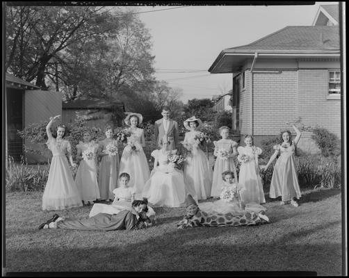 Mrs. Joe Lail; party, group portrait on lawn, group of young girls, a man, two women, and two children in costume
