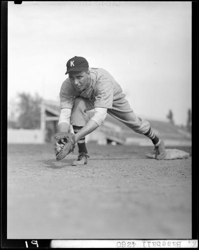 University of Kentucky Baseball, (1940 Kentuckian) (University of Kentucky); individual player, player with ball in mitt (glove) and foot on base