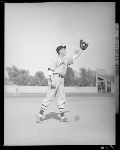 University of Kentucky Baseball, (1940 Kentuckian) (University of Kentucky); individual player, player holding mitt (glove) with ball in the air