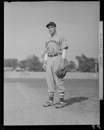 University of Kentucky Baseball, (1940 Kentuckian) (University of Kentucky); individual player, player standing on field holding mitt (glove)