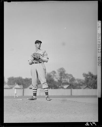 University of Kentucky Baseball, (1940 Kentuckian) (University of Kentucky); individual player, pitcher standing on mound with hand in mitt (glove)