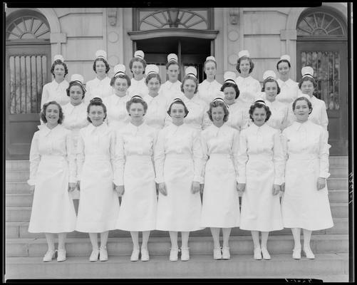 Good Samaritan Hospital, 310-330 South Limestone; group portrait, nurses standing on the entrance steps to hospital