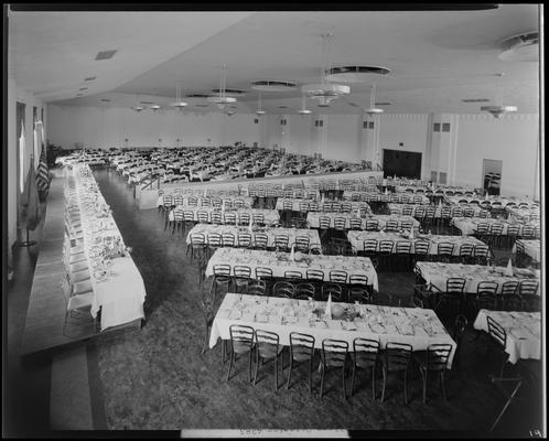 College Catering Company (corner of South Limestone and Euclid, in Student Union Building); banquet hall, table and chairs prepared for banquet