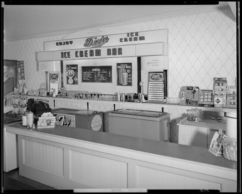 Dixie Ice Cream Company, 123 Rose Street (corner of Chesapeake); interior view of the soda fountain counter and sign