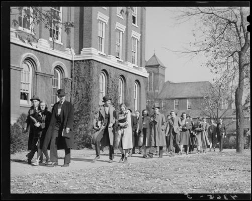 Campus scenes; Engineering Building (1940 Kentuckian) (University of Kentucky); exterior of building, students walking past the building