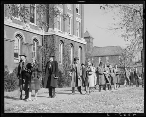 Campus scenes; Engineering Building (1940 Kentuckian) (University of Kentucky); exterior of building, students walking past the building
