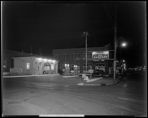 Standard Oil Company; exterior of building, photographed at night