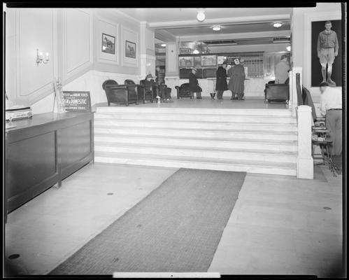 Phoenix Hotel, 120-122 East Main; entrance to west lobby, interior, people gathered in the lobby