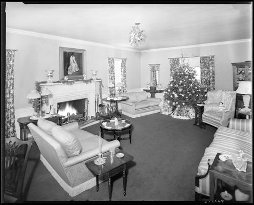 Mrs. Royce G. Martin; interior of house (home); living room with fireplace and Christmas tree