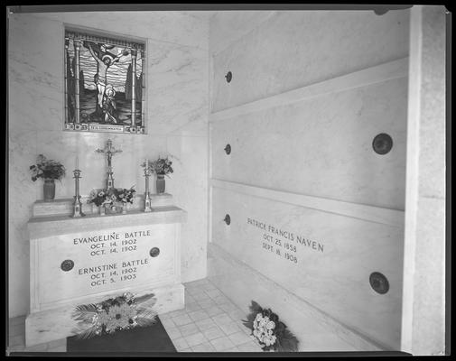 M. J. Battle crypt, interior right; graves of Emiline Battle; Evangeline Battle; Patrick Naven