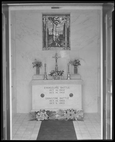 M. J. Battle crypt, interior; graves of Evangeline and Ernistine Battle