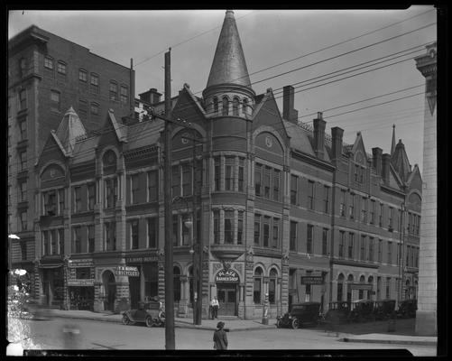 Northern Bank Building 259 West Short Street; Northeast Corner of Short and Market Streets; Carter Supply Company; Loevenhart's; T. B. Burke Bicycles; Plaza Barber Shop; Seven Oaks Springs Company; Renick & Riner, Realtors (yogurt?)