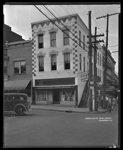 Consolidated Drug Store exterior; Madison Barber Shop; Richmond, Kentucky