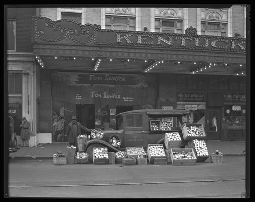 Kentucky Theatre (movie theater), 214 East Main, exterior; lobby entrance decorated for 