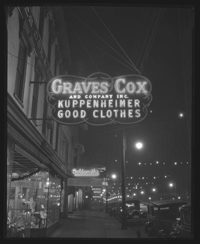Graves Cox & Company, clothing company, 124-132 West Main; Goldsmith's Store sign in background; 136 West Main