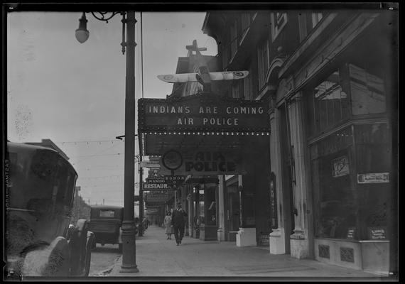 State Theatre (movie theater), 220 East Main, exterior; marquee lists both 