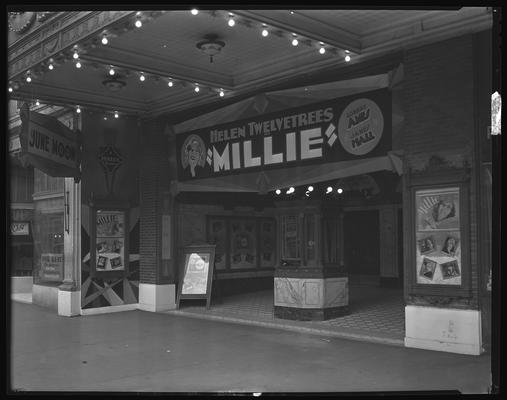 Kentucky Theatre (movie theater), 214 East Main, exterior; entrance decorated with lobby card and banner for 