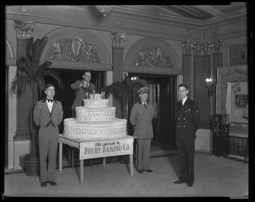 Kentucky Theatre (movie theater), 214 East Main, interior, lobby; giant birthday cake noting the 