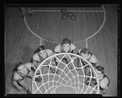 Group of players under basketball goal