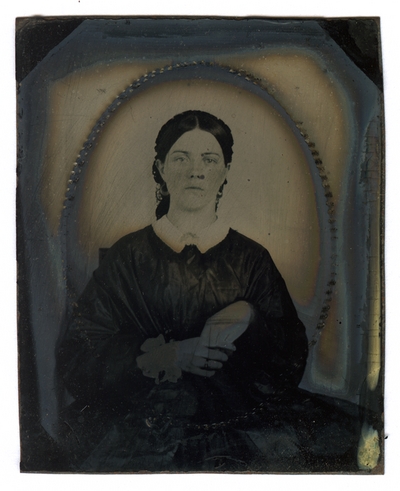 Matilda Galbraith McCord (1843-1901) on right, in a rectangular case. Hand written note says, 