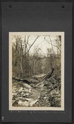 Low river, multiple fallen trees and brances, left bank is very rocky, notation                          Last stretch of Wilson's Run - Apr. 8, 1906
