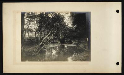 Wooden bridge built over creek, fencing along left bank