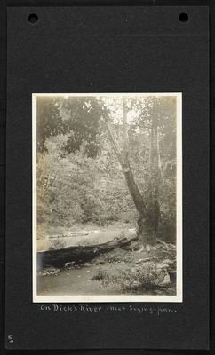 River with small pool created by fallen tree in foreground, bluffs in background, notation                          On Dick's River, near Frying Pan