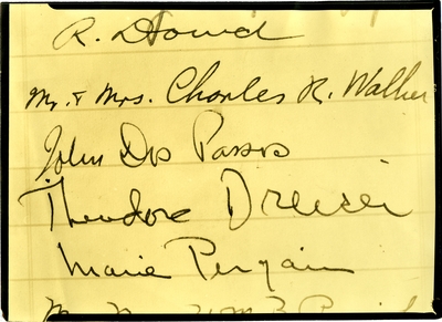 Photographic copy of signatures in Continental Hotel registry, including those of Charles Rumford and Adelaide Walker, John dos Passos, Theodore Dreiser, and Marie Pergain