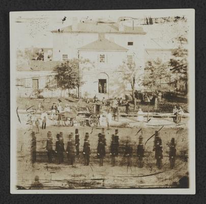 Union soldiers in front of first court house, Lexington