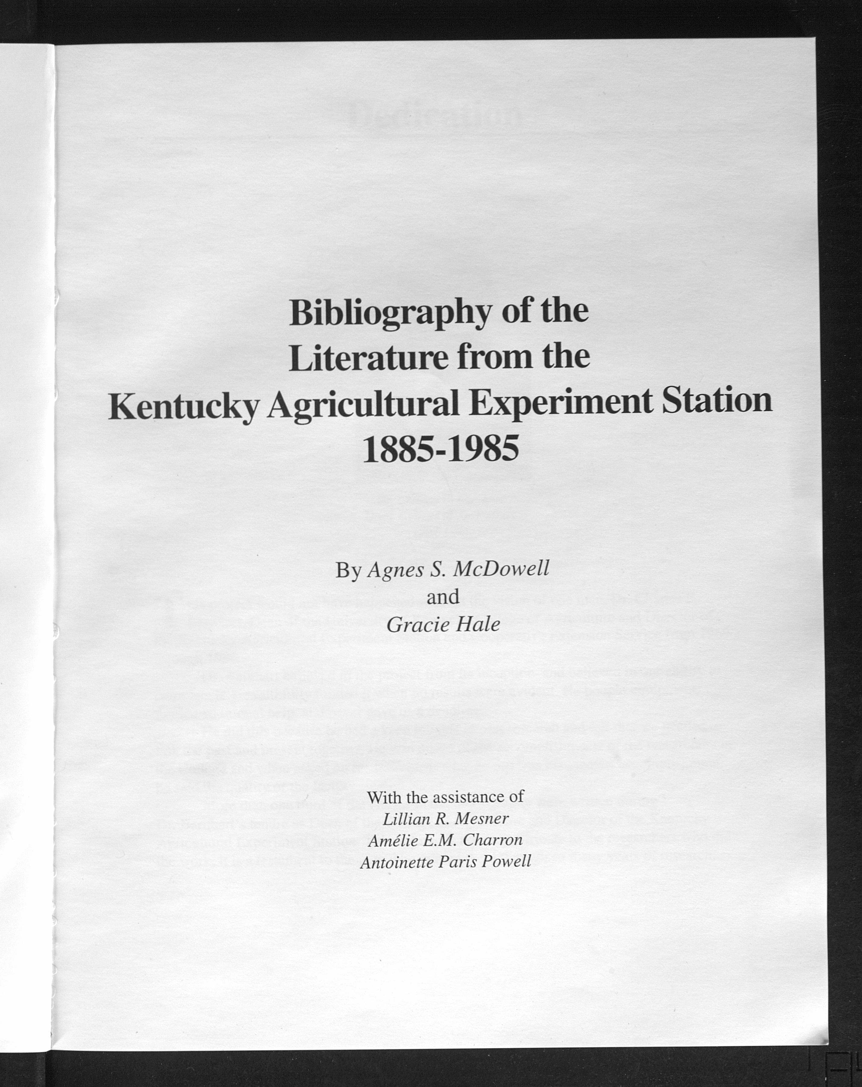 Bibliography of the literature from the Kentucky Agricultural Experiment Station, 1885-1985. pic