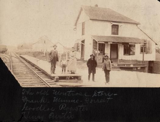 Benjamin Bronaugh, Frank Bronaugh (son), Minnie Hughes Bronaugh (wife), in front of their family grocery store with Henry Curtis and Goodloe Royster in Montrose, Kentucky