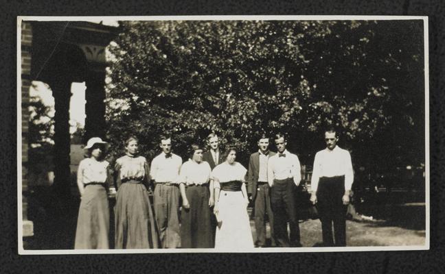 Moonlight School teachers, taken at Manchester, September 1915. Thos. Keith, S. M. Wolfe, John G. White, Miss Jenette McWhorter, Chas. Smith, Miss Polly Craft, P. C. Chandler, Miss Nancy York, Lottie L. Richards