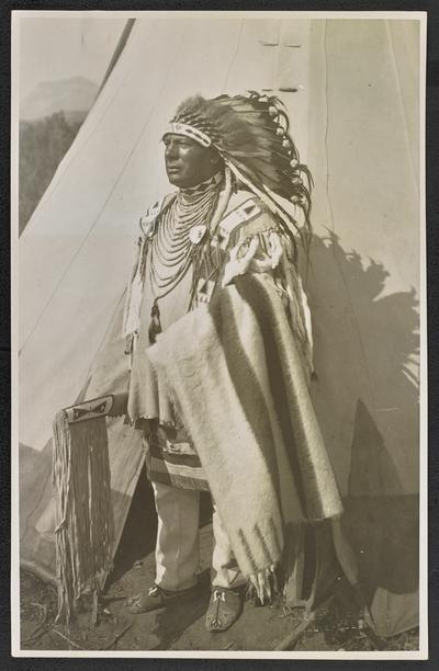 Formal portrait of a man wearing traditional Native American dress, standing in front of a teepee. Back of the photograph identifies him as: Chief Bull Calf