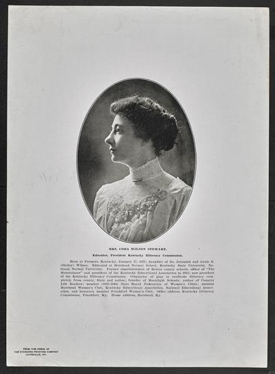Formal portrait of Cora Wilson Stewart with a biographical paragraph under the photograph