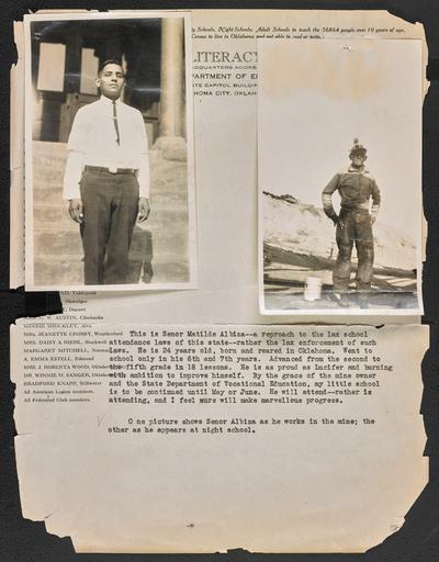 Two portraits of Senor Matilde Albiza, attached to a piece of paper that reads at the top: Oklahoma Illiteracy Commission. Under the photographs is a biographical paragraph of Albiza. The back of the photograph includes two first letter written by Moonlight School students